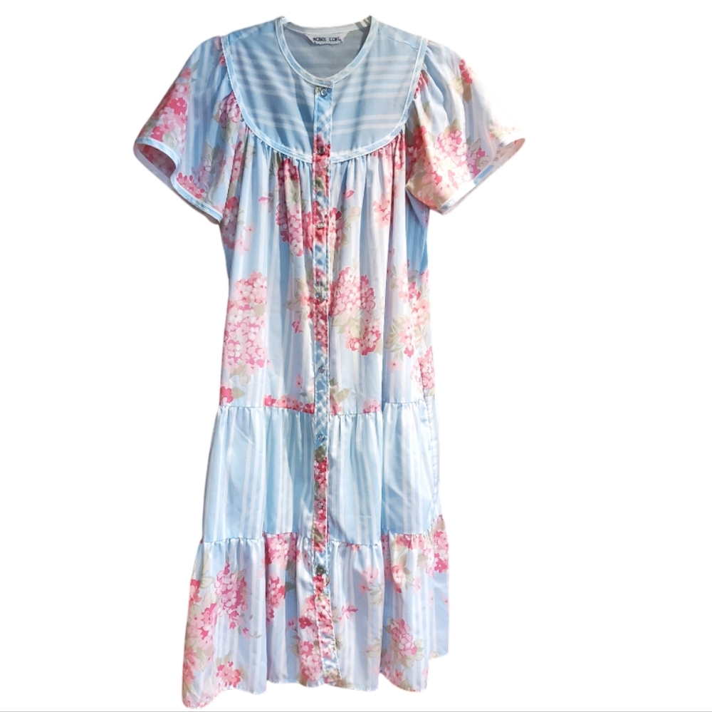 Vintage Models Coat House Coat/Dress Floral Pink/Blue/White Button Front S/M